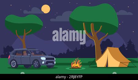 Camping d'été dans les bois la nuit. Surplombant les montagnes avec feu de camp et tente. Voyage en voiture SUV. Voyage en voiture. Ciel étoilé. Paysage sauvage forestier Illustration de Vecteur