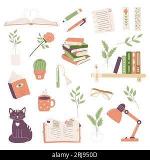 Ensemble de livres et d'éléments décoratifs, symbolisant la lecture, l'apprentissage. Pile de livres, signet, étagère, lampe de table. Vecteur de dessin animé plat minimal illu Illustration de Vecteur