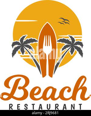 Planche de surf, Fork et Palm pour le logo de restaurant de plage, design de logo de station Illustration de Vecteur
