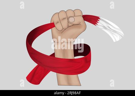 Illustration 3D. Main tenant le drapeau de Bahreïn sur un fond de ruban de tissu. Banque D'Images