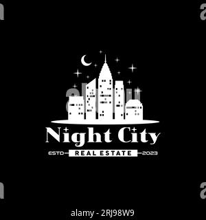 Night City Skyline avec logo en croissant inspiré Illustration de Vecteur