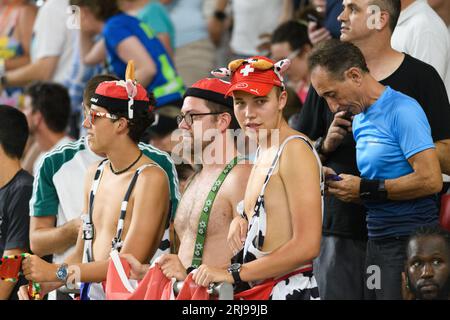 Budapest, Hongrie. 21 août 2023. Fans de Suisse lors des championnats du monde d'athlétisme 2023 au Centre national d'athlétisme, à Budapest, Hongrie. (Sven Beyrich/SPP) crédit : SPP Sport Press photo. /Alamy Live News Banque D'Images