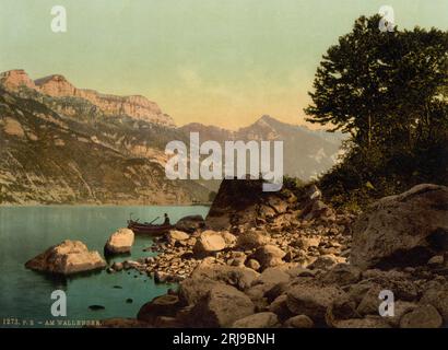 Lac Walenstadt, Walensee et Sichelchamm, Saint-Gall, Suisse 1890. Banque D'Images