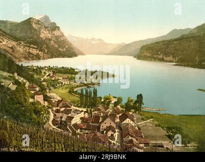 Lac Walenstadt, Walensee, Weesen près de la montagne Leistchamm et vue sur la montagne Alvier, St. Gallen, Suisse 1890. Banque D'Images