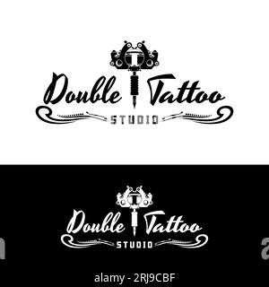 Double typographie de tatouage avec machine de tatouage pour Tattoo Studio Company logo Illustration de Vecteur