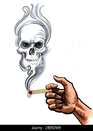 Main avec une cigarette fumante. Encre dessinée à la main de style rétro sur papier et couleur à la main sur tablette Banque D'Images