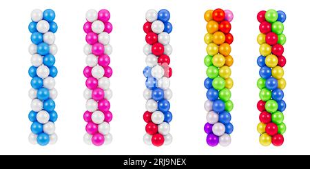 Ensemble de grappes de ballons linéaires, colonnes de ballons, élément de conception de célébration, illustration 3D. Banque D'Images