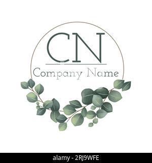 Illustration du cn, texte du nom de la compagnie avec feuilles et cercle sur fond blanc, espace de texte Banque D'Images