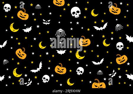 Halloween Seamless Pattern avec crâne, citrouille, chauve-souris, araignée, lune, et visage effrayant. Arrière-plan Halloween Illustration de Vecteur