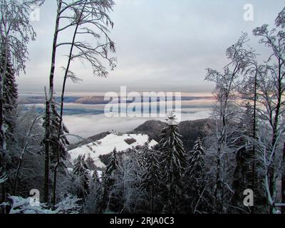 Vue panoramique de l'église de St. Primoz et Felicijan à Jamnik et le brouillard et la brume couvert paysage de Gorenjska, Slovénie derrière en hiver Banque D'Images