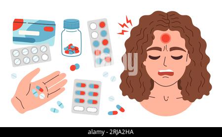 Jeu de pilules contre les maux de tête. La femme a mal à la tête. La fille ressent de l'anxiété et de la dépression. Concept de santé psychologique. Illustration de Vecteur