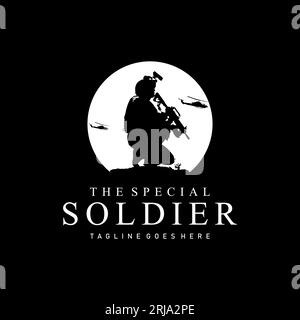 Silhouette de soldats en guerre, logo Commander portant des armes Illustration de Vecteur