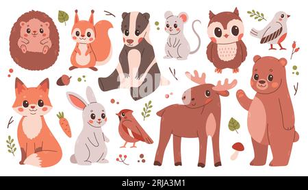 Grand ensemble d'animaux d'automne mignons, oiseaux, plantes. Autocollants et cliparts pour la saison d'automne. Conception de Thanksgiving sur blanc. Illustration de Vecteur