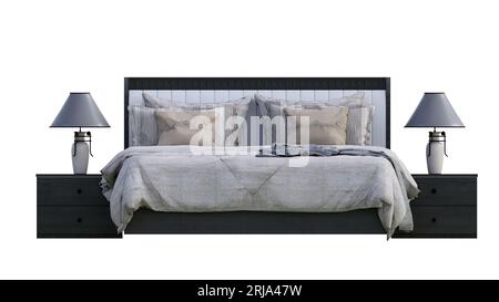 lit blanc vierge avec oreillers mockup, vue de face, table d'appoint en bois naturel fond blanc avec lampe de table moderne classique Banque D'Images