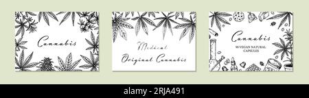 Cannabis design horizontal pour l'emballage, les publications sur les médias sociaux, la décoration des magasins, l'image de marque, les certificats. Illustration vectorielle de marijuana dans le style de croquis. Illustration de Vecteur