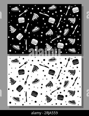 Fast Food Seamless Pattern, Pizza et Burger Seamless Pattern Black White Vector Design Illustration de Vecteur