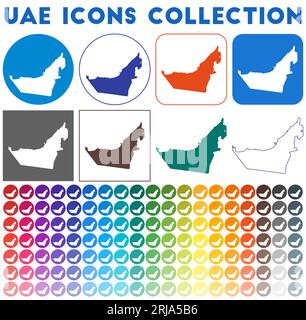 Collection d'icônes des Émirats arabes Unis. Icônes de cartes tendance colorées et lumineuses. Badge moderne des Émirats arabes Unis avec carte du pays. Illustration vectorielle. Illustration de Vecteur