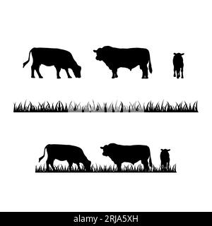 Logo de ferme de silhouette de vache Angus, vache et herbe Illustration de Vecteur