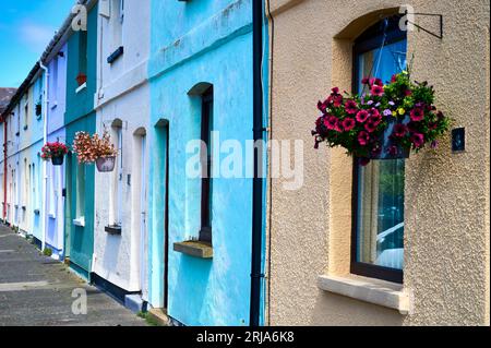 Paniers suspendus à l'extérieur de petits chalets colorés de pêcheurs, Fleetwood Banque D'Images