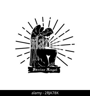 Illustration d'un ange ailé agenouillé sur un fond clair Illustration de Vecteur