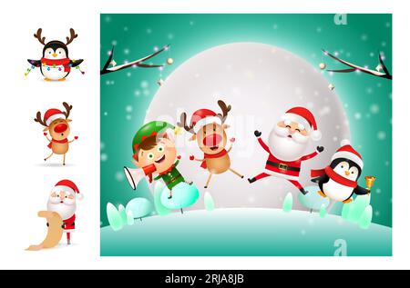 Personnages de dessins animés joyeux pendant la nuit d'hiver Illustration de Vecteur