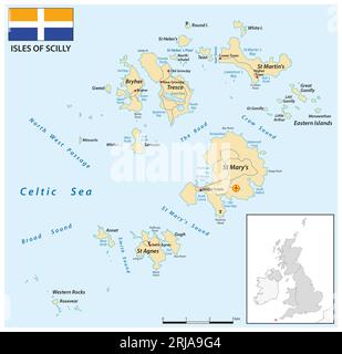 Carte routière des îles Scilly avec drapeau Banque D'Images