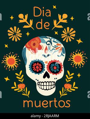 Dia de los Muertos, célébration du jour des morts au Mexique avec, crâne et fleurs et feuilles colorées. Conception vectorielle pour affiches, bannières et cartes. Vecteur. Illustration de Vecteur