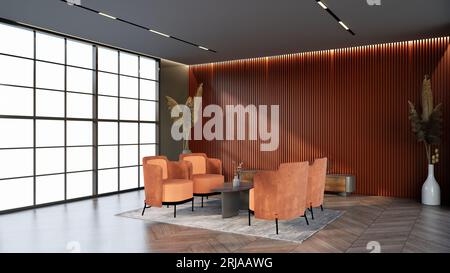 Salon d'hôtel couleur abricot avec fenêtres et chaises assorties à la couleur de la salle d'attente, rendu 3D. Banque D'Images