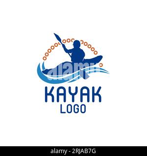 Pédale de paddle de bateau de kayak, silhouette de la conception de logo de kayaker de ruisseau de rivière Illustration de Vecteur