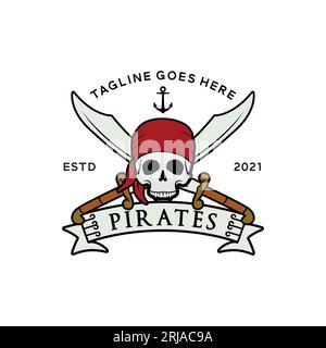 Pirates Skull avec Crossing Swords Vintage Boat Ship Sailor logo Design inspiration Illustration de Vecteur