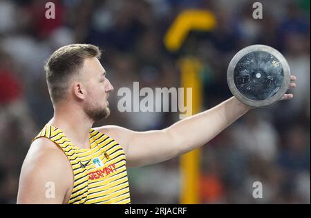 Budapest, Hongrie. 21 août 2023. Athlétisme : Championnat du monde, Discus Throw, finale, hommes, au National Athletics Center. Henrik Janssen (Allemagne) en action. Crédit : Marcus Brandt/dpa/Alamy Live News Banque D'Images