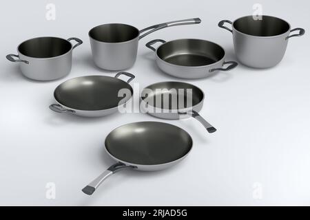 Jeu de récipients en acier inoxydable, poêle à frire et batterie de cuisine en aluminium chromé sur fond blanc. 3d rendu des ustensiles de cuisine antiadhésifs Banque D'Images