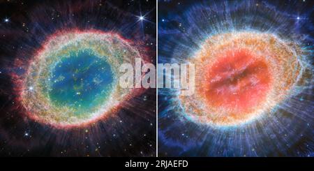 Nouvelles images du télescope spatial James Webb de la NASA. 21 août 2023. Nébuleuse en anneau résolution spatiale et sensibilité spectrale sans précédent. Dans l'image NIRCam (Near-Infrared Camera) à gauche, les détails complexes de la structure du filament de l'anneau intérieur sont particulièrement visibles dans cet ensemble de données. À droite, l'image MIRI (Mid-Infrared instrument) révèle des détails particuliers dans les caractéristiques concentriques dans les régions externes de l'anneau de la nébuleuse. Photo ESA/Webb, NASA, ASC, M. Barlow, N. Cox, R. Wesson via CNP/ABACAPRESS.COM crédit : Abaca Press/Alamy Live News Banque D'Images