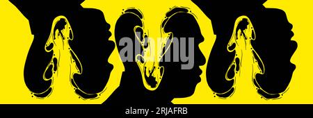 Design abstrait avec silhouette de visage masculin sur fond jaune vif. Problèmes psychologiques. Collage d'art contemporain. Banque D'Images