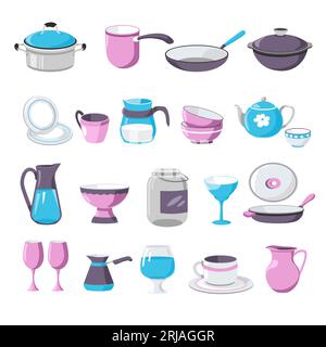 Ustensiles de cuisine tasses et assiettes, casseroles et casseroles Illustration de Vecteur