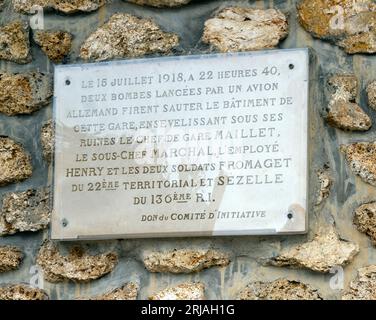 Plaque commémorative à Gare la Ferte-sous-Jouarre, Seine-et-Marne, Ile-de-France, France, eu Banque D'Images