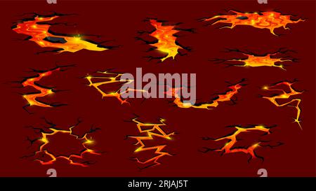 Fissures au sol de la lave volcanique ou du feu de magma. Fissures de tremblement de terre de vecteur de dessin animé, vue de dessus de texture de destruction de terre. Coulées de lave en fusion créant une rive ardente Illustration de Vecteur