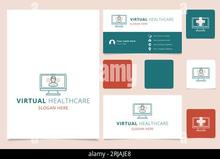 Logo virtuel de soins de santé avec slogan modifiable. Livre de marque et modèle de carte de visite. Illustration de Vecteur