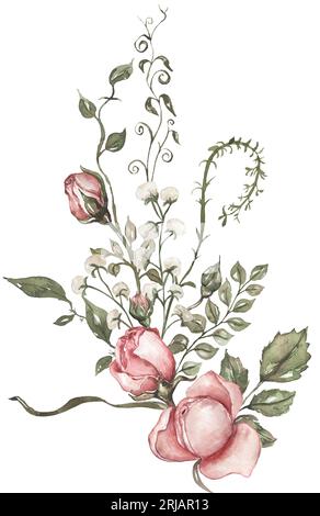 Bouquet de fleurs roses aquarelle, illustration florale, feuille et bourgeons clipart Banque D'Images