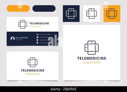 Conception de logo de télémédecine avec slogan modifiable. Livre de marque et modèle de carte de visite. Illustration de Vecteur