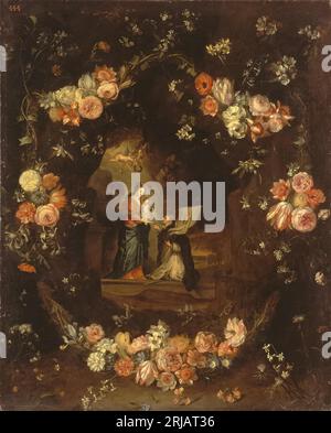 Madone avec l'enfant et St Ildephonsus encadrée d'une guirlande de fleurs entre 1646 et 1652 par Jan van Kessel l'ancien Banque D'Images