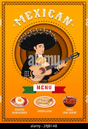 Page de menu de cuisine mexicaine avec mariachi musicien et nourriture. Présentant une gamme alléchante de plats traditionnels tels que huevos rancheros, enchilada an Illustration de Vecteur
