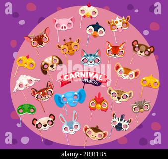 Masques de fête de carnaval d'animal de bande dessinée ou costumes de célébration de vacances d'anniversaire. Vecteur poulet, porc, pingouin et vache. Renard, chat, girafe et ours, canard, Illustration de Vecteur