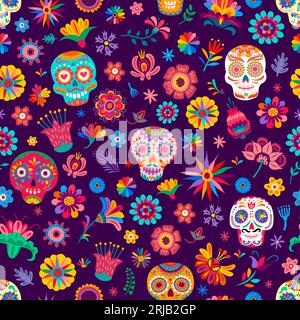 Dia de los muertos modèle mexicain sans couture avec des crânes de calavera de sucre et des fleurs tropicales. Vecteur ornement répété dans le style alebrije traditionnel wi Illustration de Vecteur