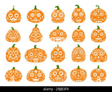 Fête d'Halloween citrouilles mexicaines. Dia de los muertos personnages effrayants de vacances avec calavera modèle de crâne de sucre. Vecteur traditionnel décoré calaca Illustration de Vecteur