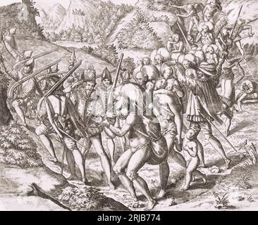 Les indigènes sud-américains capturés par les Espagnols sont poussés en captivité. Après une œuvre de Theodor de Bry à la fin du 16e siècle. Banque D'Images