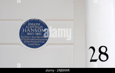 Joseph Aloysius Hansom, plaque bleue GLC au 28 Sumner place, Londres, Royaume-Uni Banque D'Images