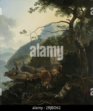 Bateliers amarrés sur la rive d'un lac italien entre 1650 et 1670 par Adam Pynacker Banque D'Images