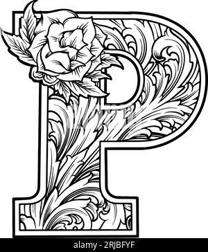 Ornements classiques majestueux lettres majuscules p illustrations vectorielles monochromes pour votre logo de travail, t-shirt de marchandises, autocollants et laboratoire Illustration de Vecteur