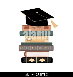 Chapeau de graduation et pile de livre isolé sur blanc. Concept de retour à l'école. Illustration vectorielle Illustration de Vecteur